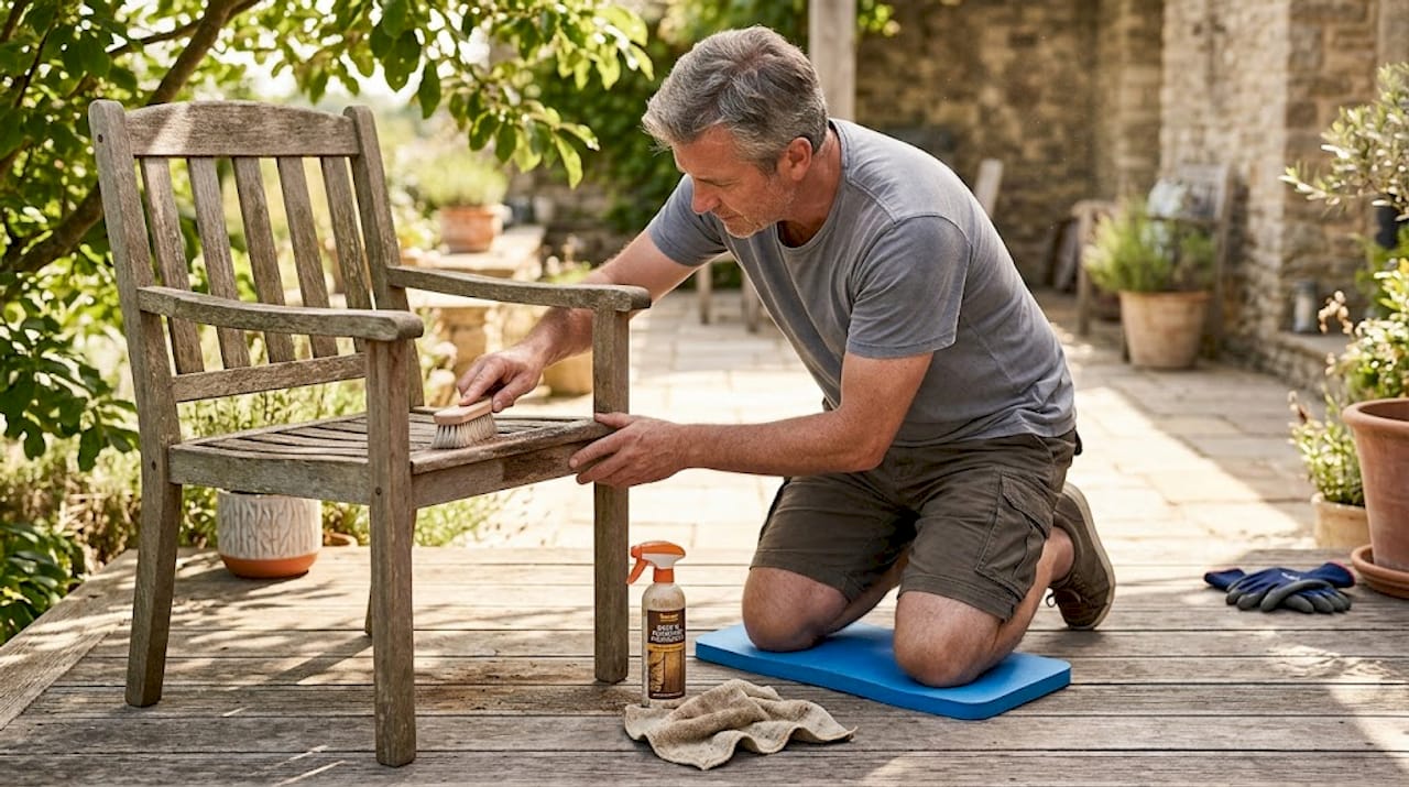 Man cleaning metal patio chair on wooden deck
