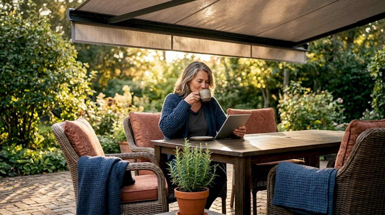 Woman enjoys coffee in shaded morning patio setup