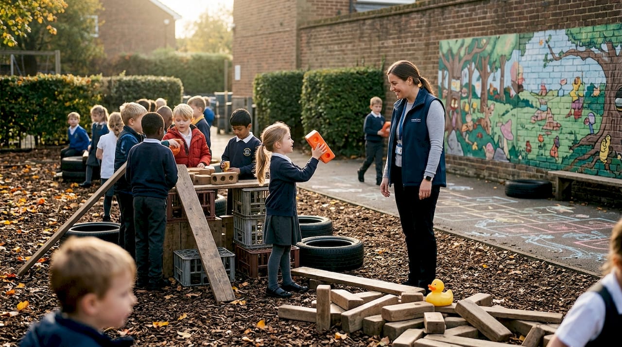 Children building with loose parts on playground