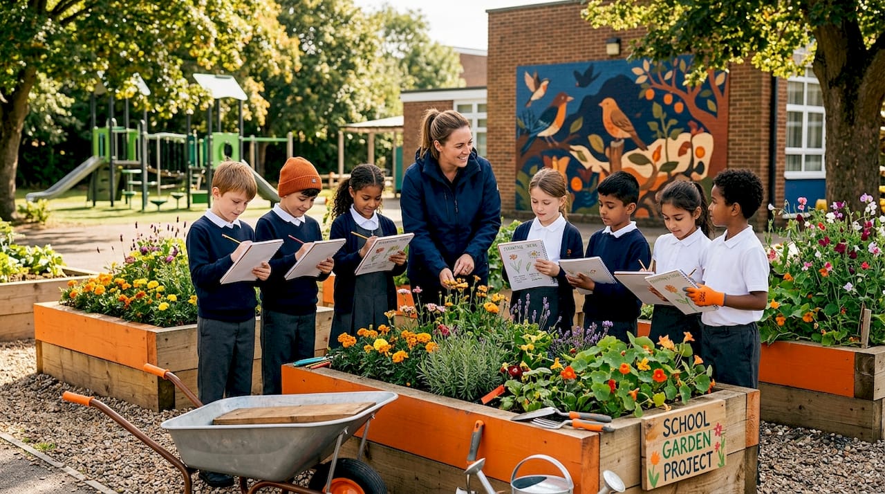 Children and teacher planning outdoor school garden