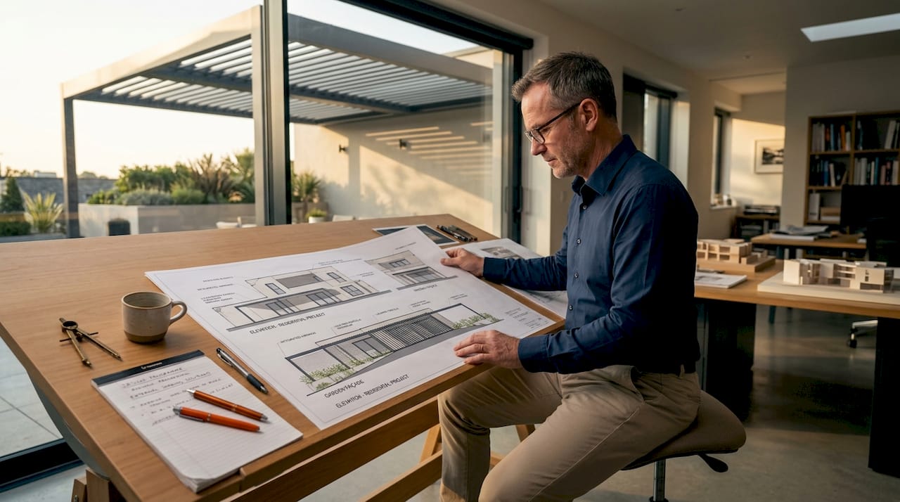 Architect reviewing exterior shading blueprints