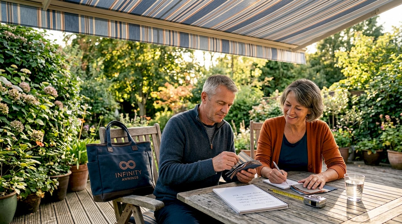 Couple reviewing awning fabric samples outdoors