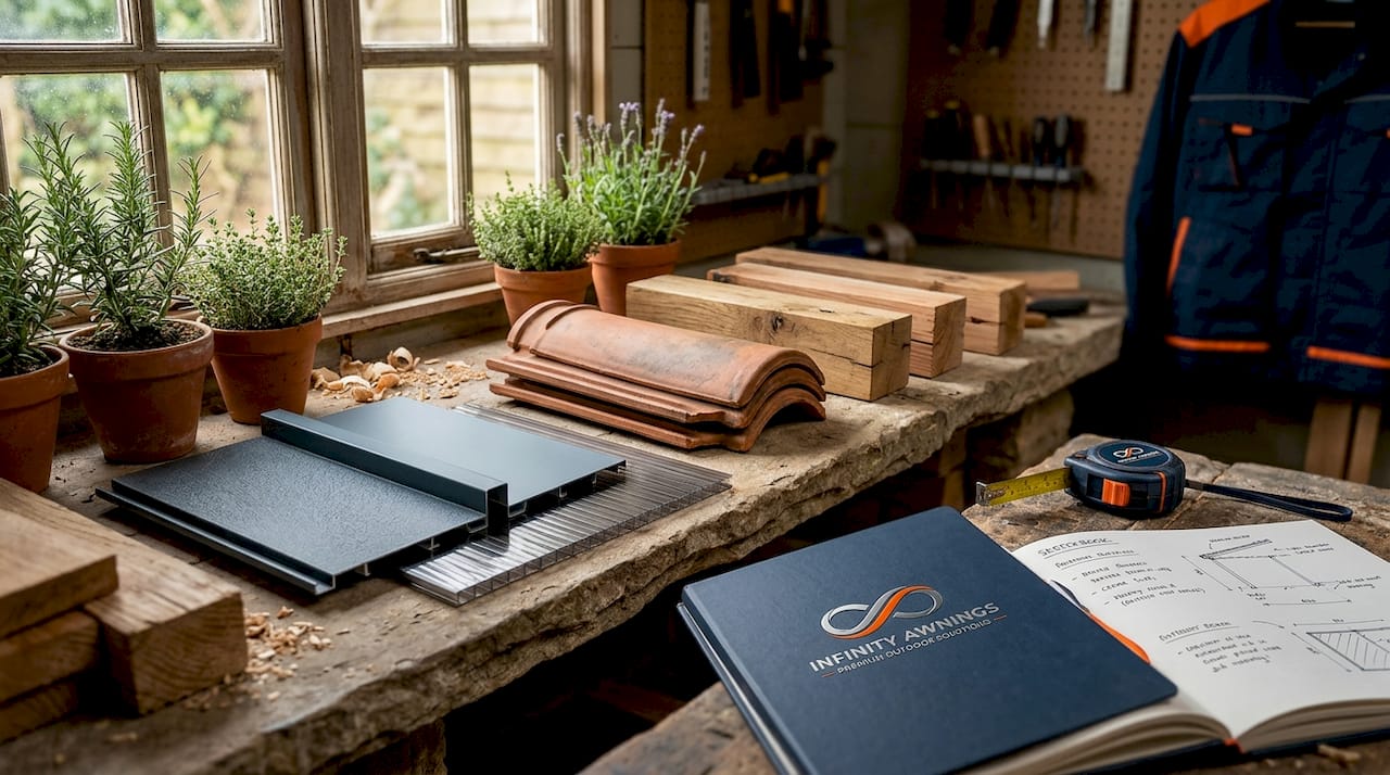 Samples of veranda roof materials on workshop table