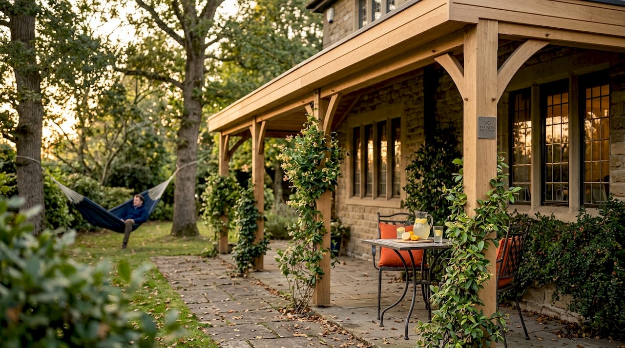 Wooden veranda roof over patio and dining set
