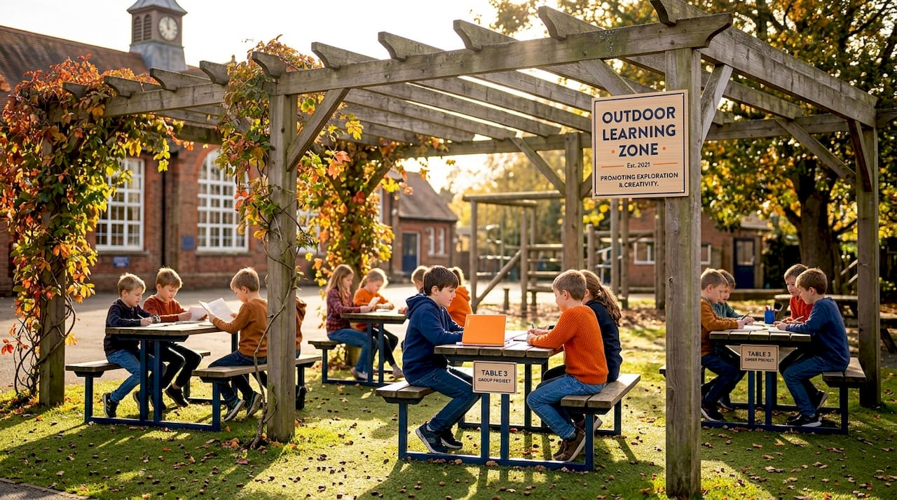 Outdoor school pergola classroom scene