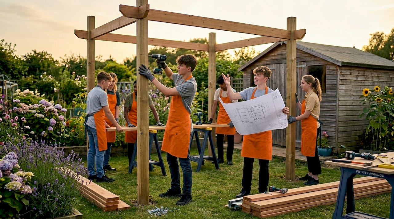 Students constructing wooden pergola outdoors