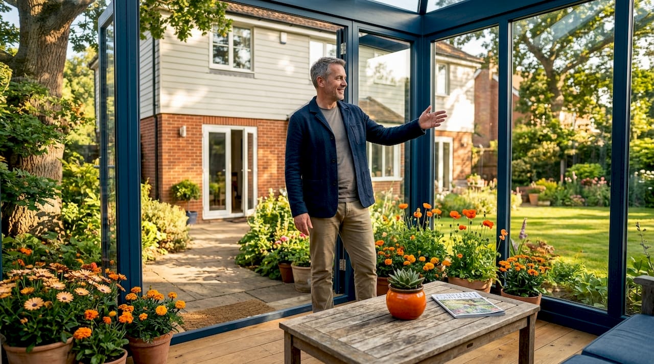 Homeowner on glass veranda enclosure in backyard