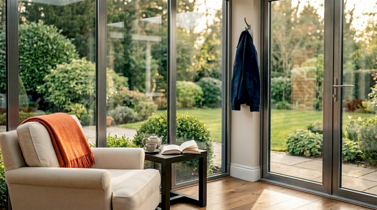 Interior view of modern enclosed veranda seating area