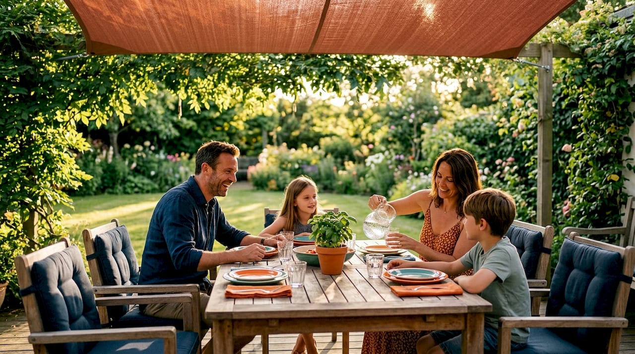 Family dining in shaded outdoor patio