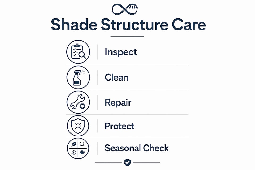 Infographic outlining maintenance steps for outdoor shade structures