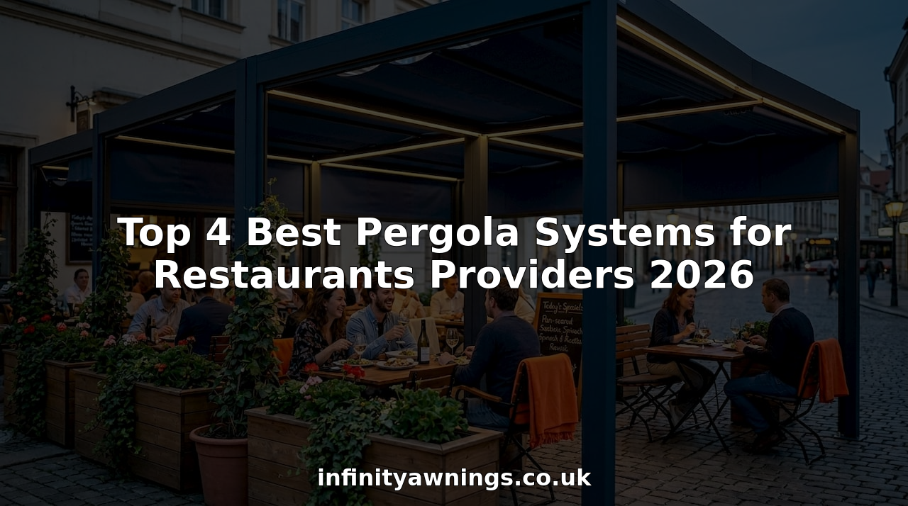 Outdoor restaurant seating under modern pergola in evening light