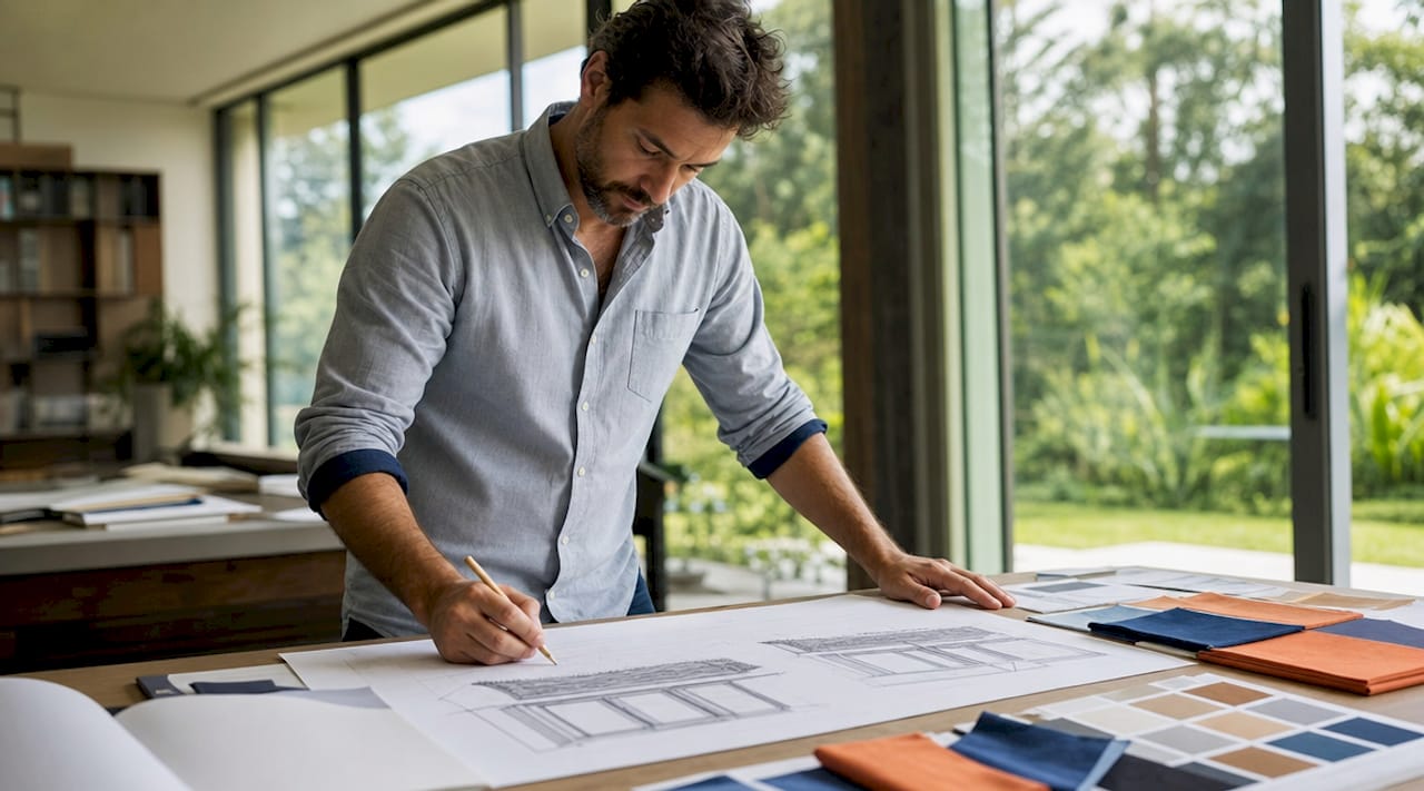 Architect reviewing modern veranda blueprints