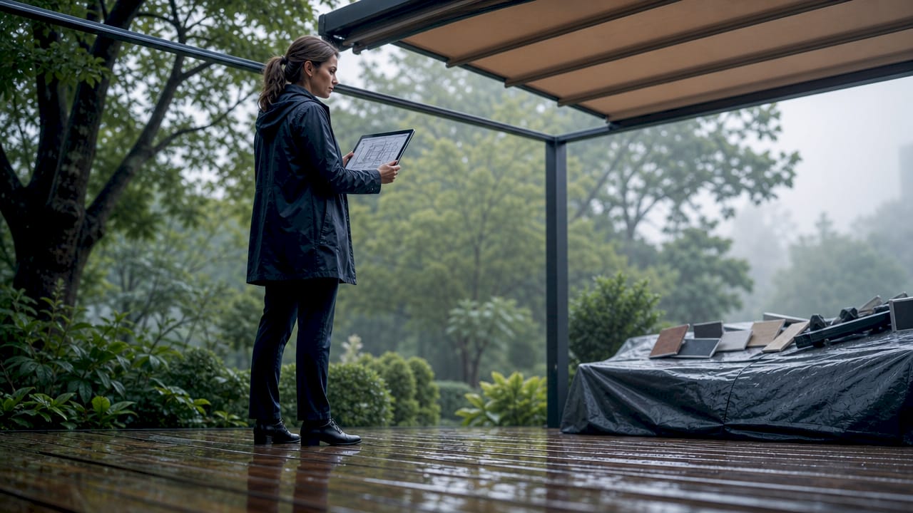 Architect inspecting weatherproof outdoor deck in rain