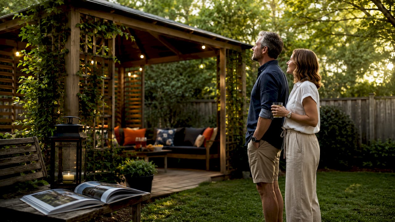 Couple inspecting new wooden pergola outdoors