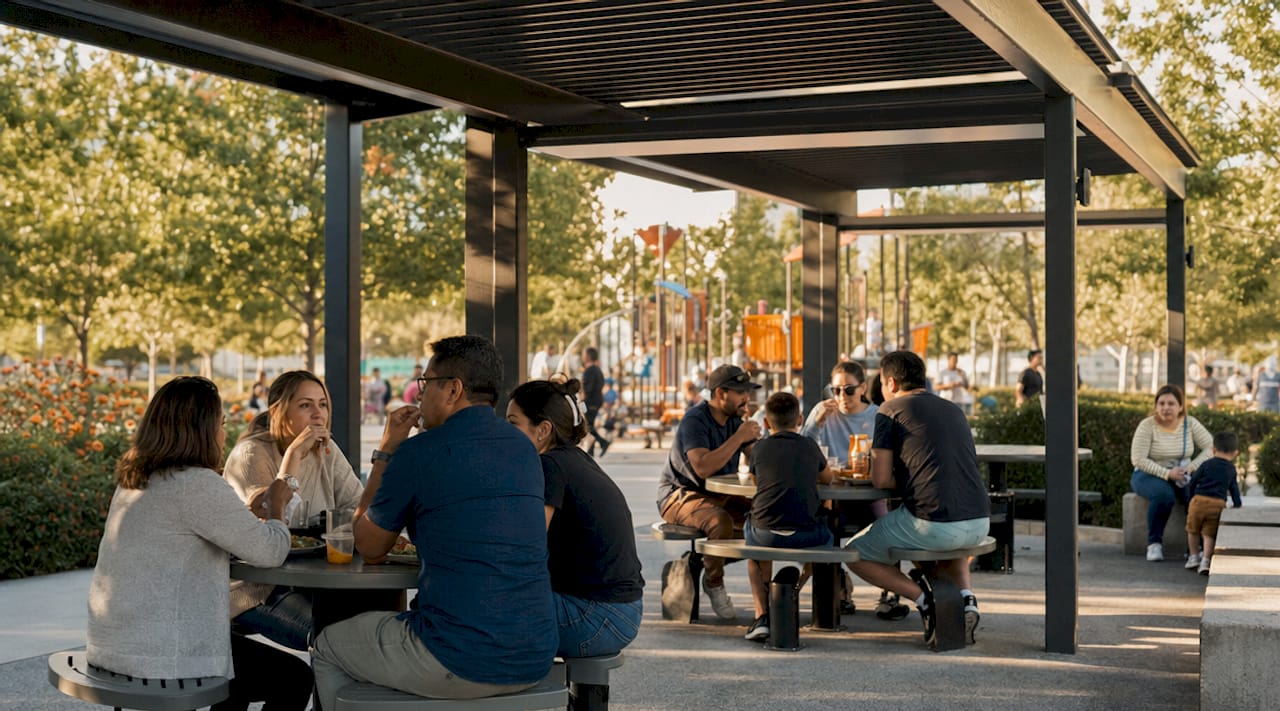 Community enjoying shaded outdoor seating