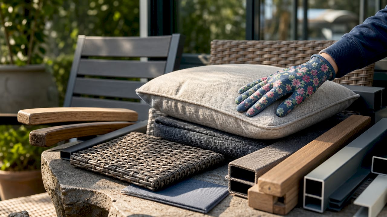 Samples of outdoor furniture materials and fabrics