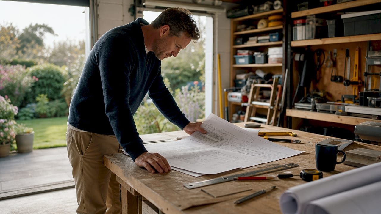 Homeowner reviewing veranda planning documents
