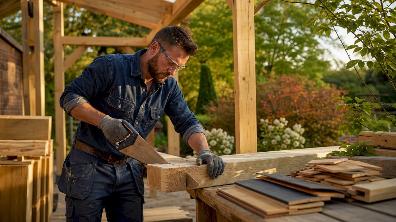Carpenter assembling timber veranda frame
