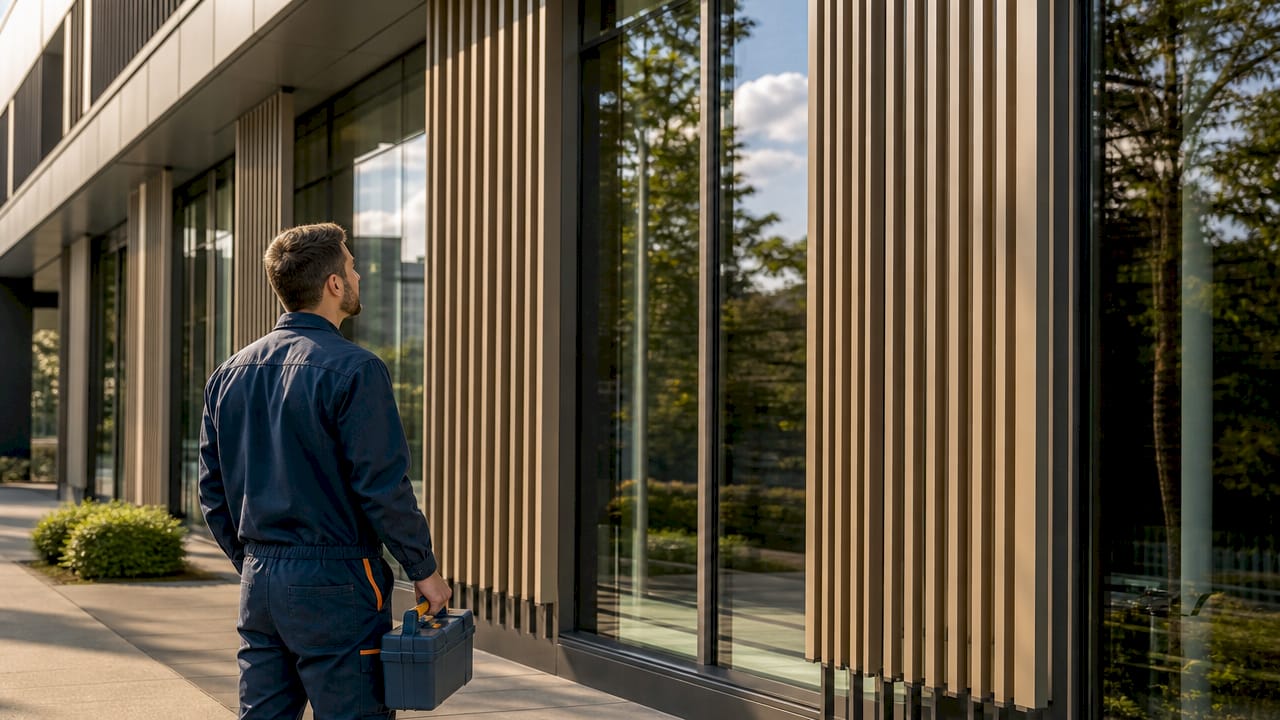 Building façade with integrated solar shading panels