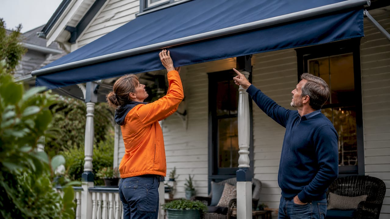 Contractor and homeowner at shaded window installation
