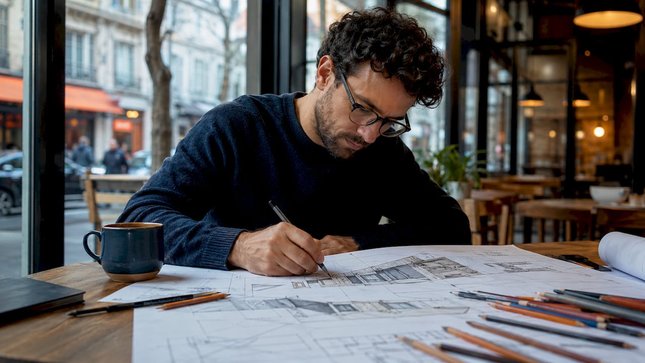 Architect sketching shading designs on blueprints