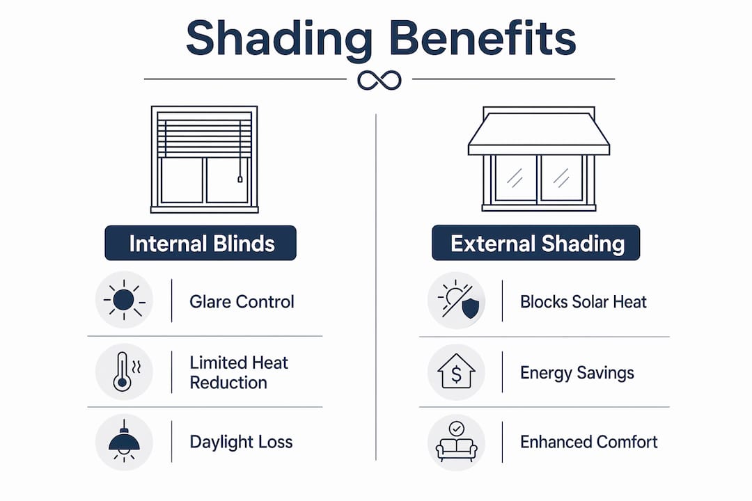 Infographic comparing internal blinds and external shading benefits