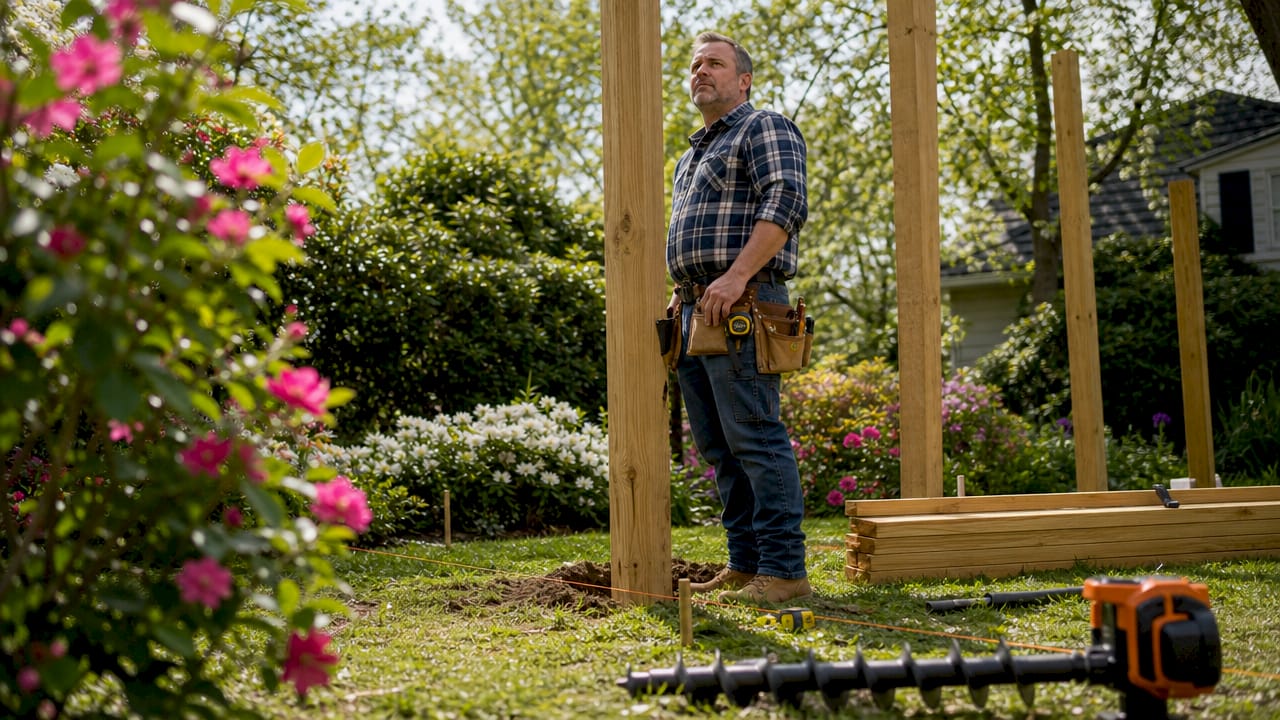 Person preparing pergola installation site outdoors