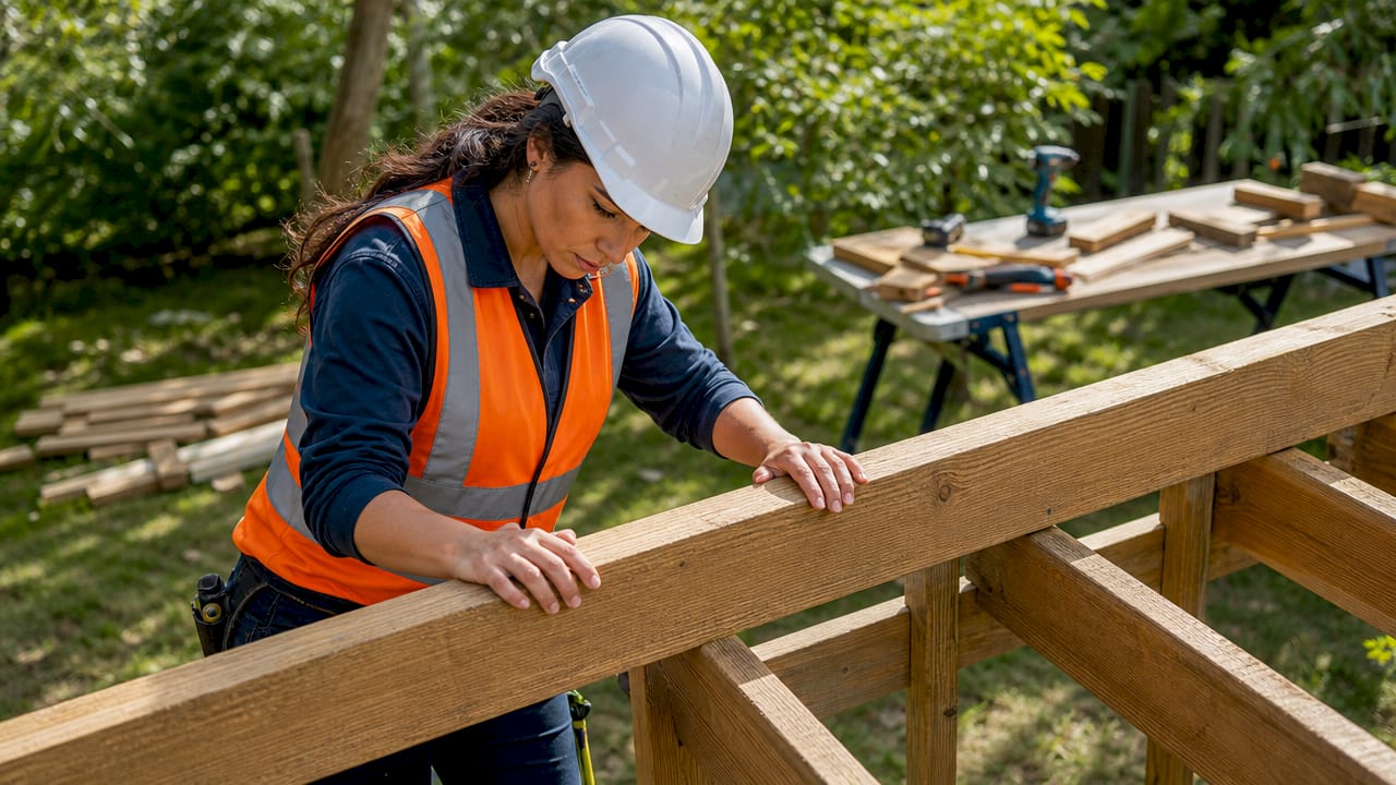 Worker with safety gear handling wooden beam