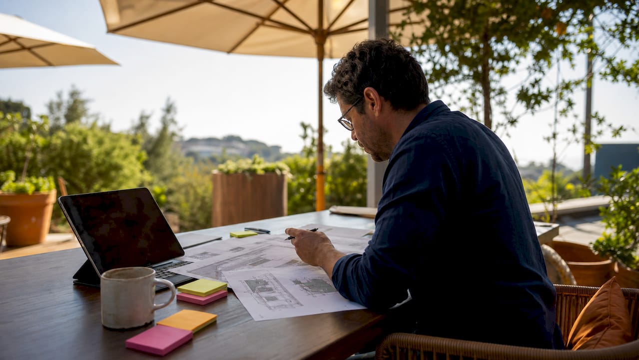 Architect reviewing weather protection blueprints