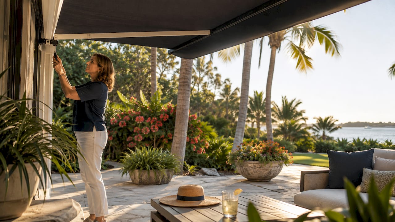 Woman adjusting retractable awning on patio