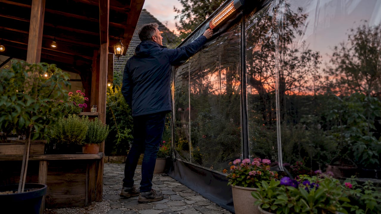 Man adjusting infrared heater near windscreen on patio
