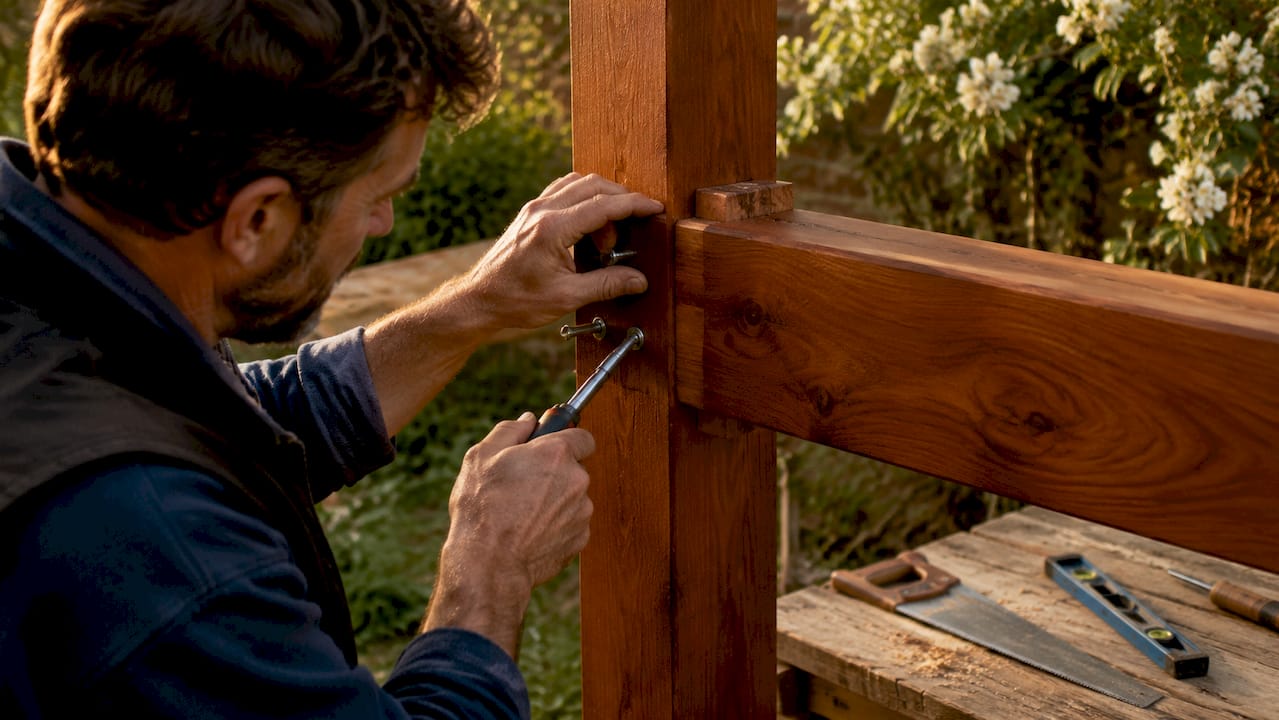 Carpenter fixing veranda beam to post outdoors