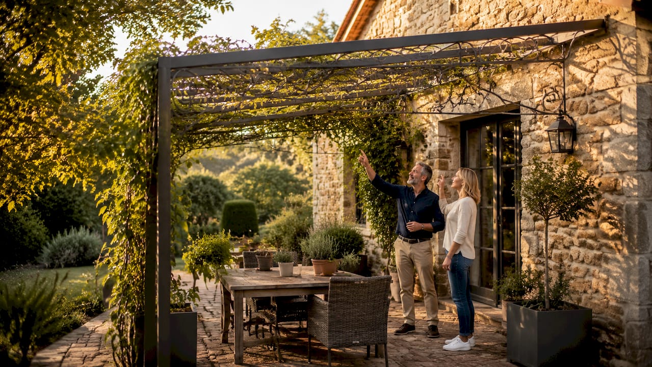 Couple inspecting veranda structure on UK home