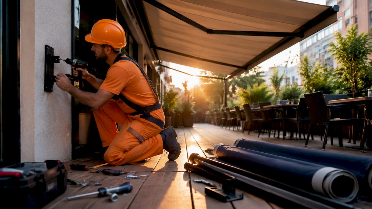 Installer securing brackets for hotel terrace awning