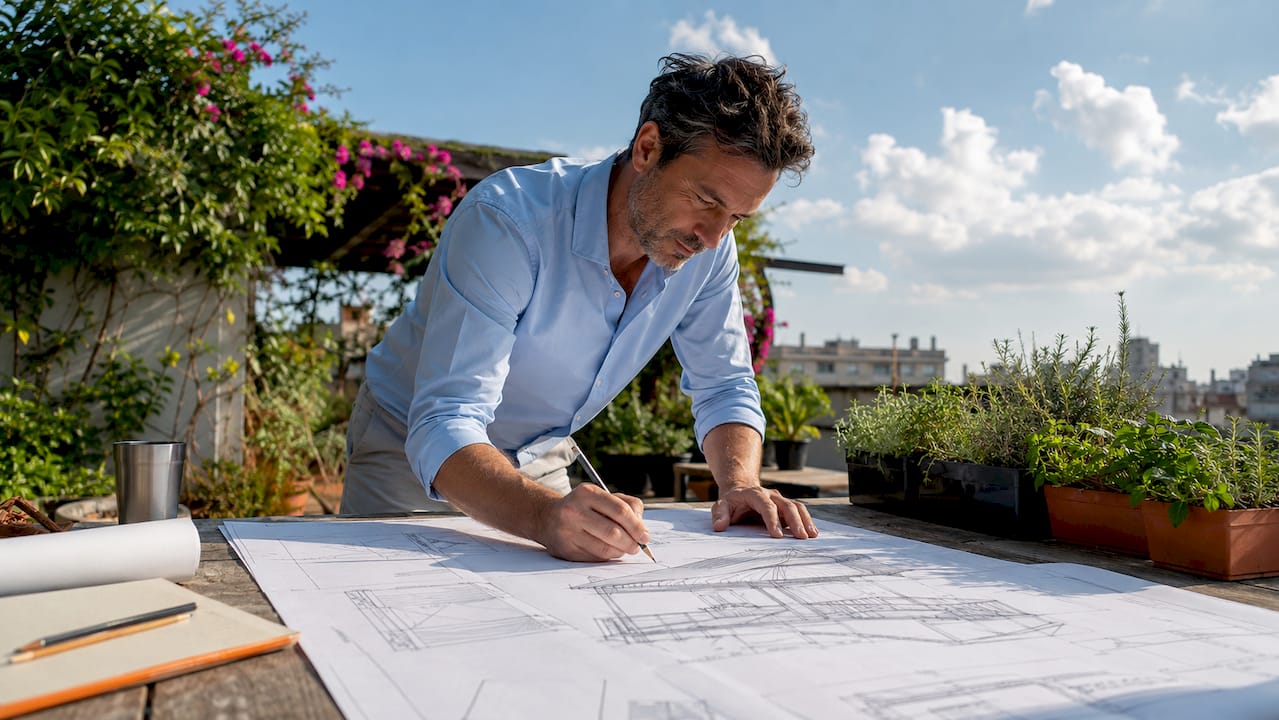 Architect planning hotel terrace awning workflow