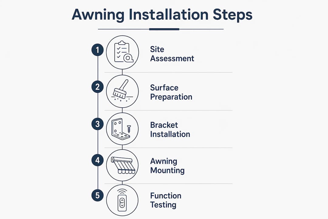 Infographic showing five key hotel terrace awning installation steps