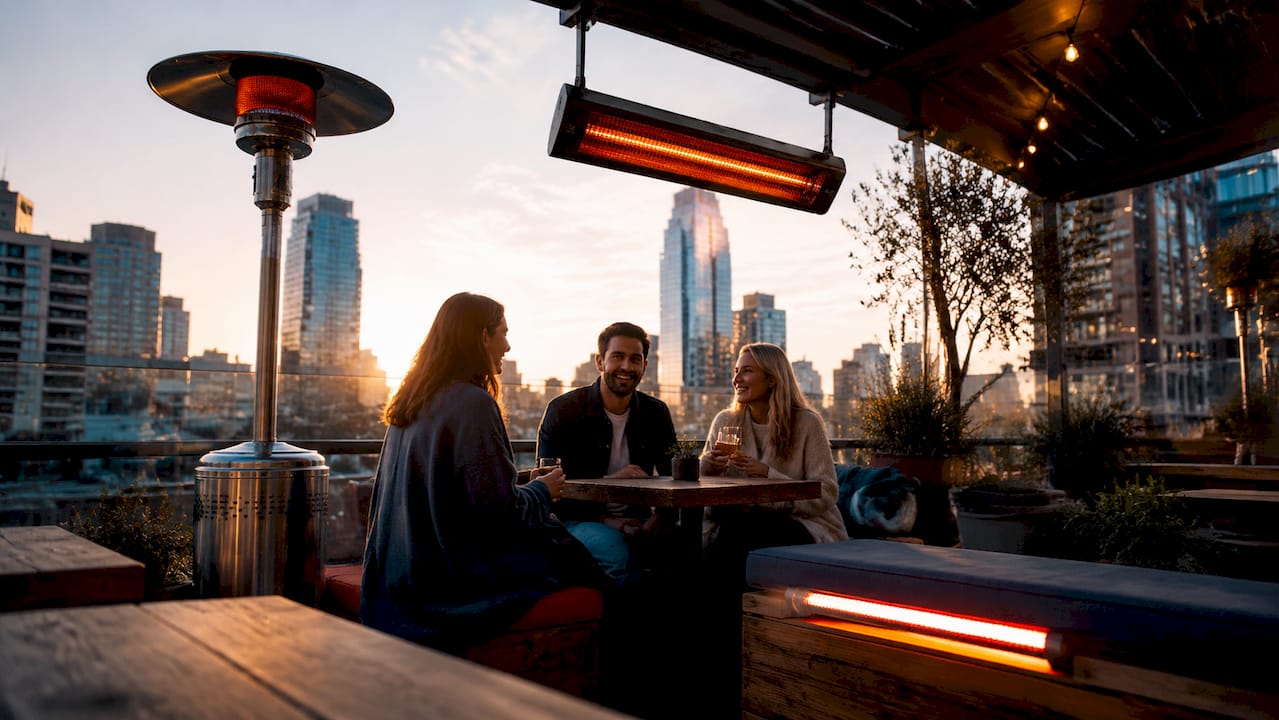Outdoor terrace showing various UK heater types