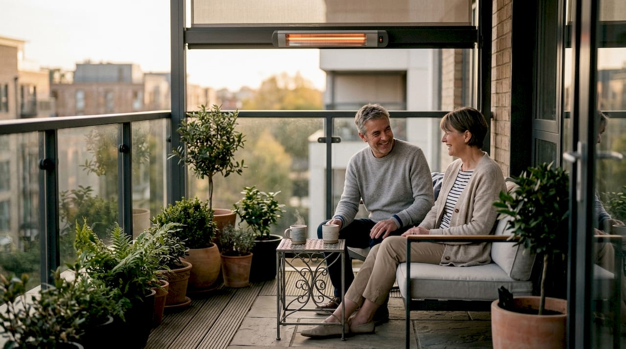 Couple enjoying infrared heater on garden patio