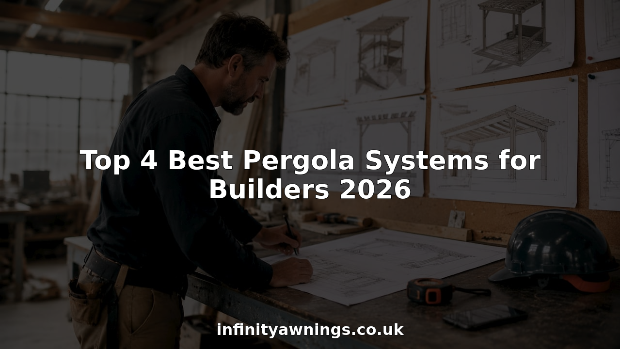 Builder studying pergola system blueprints in office