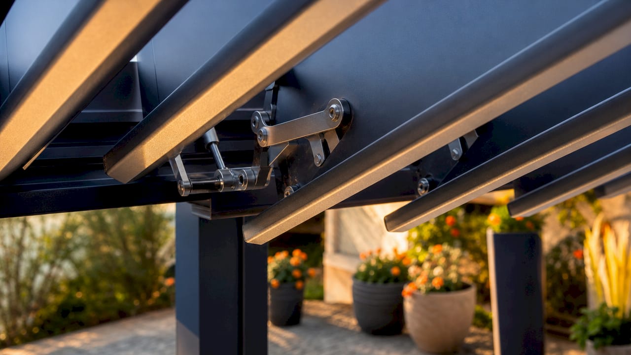 Close-up of louvered roof slat mechanism outdoors