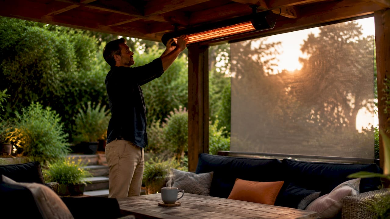 Man adjusting infrared heater with wind screen
