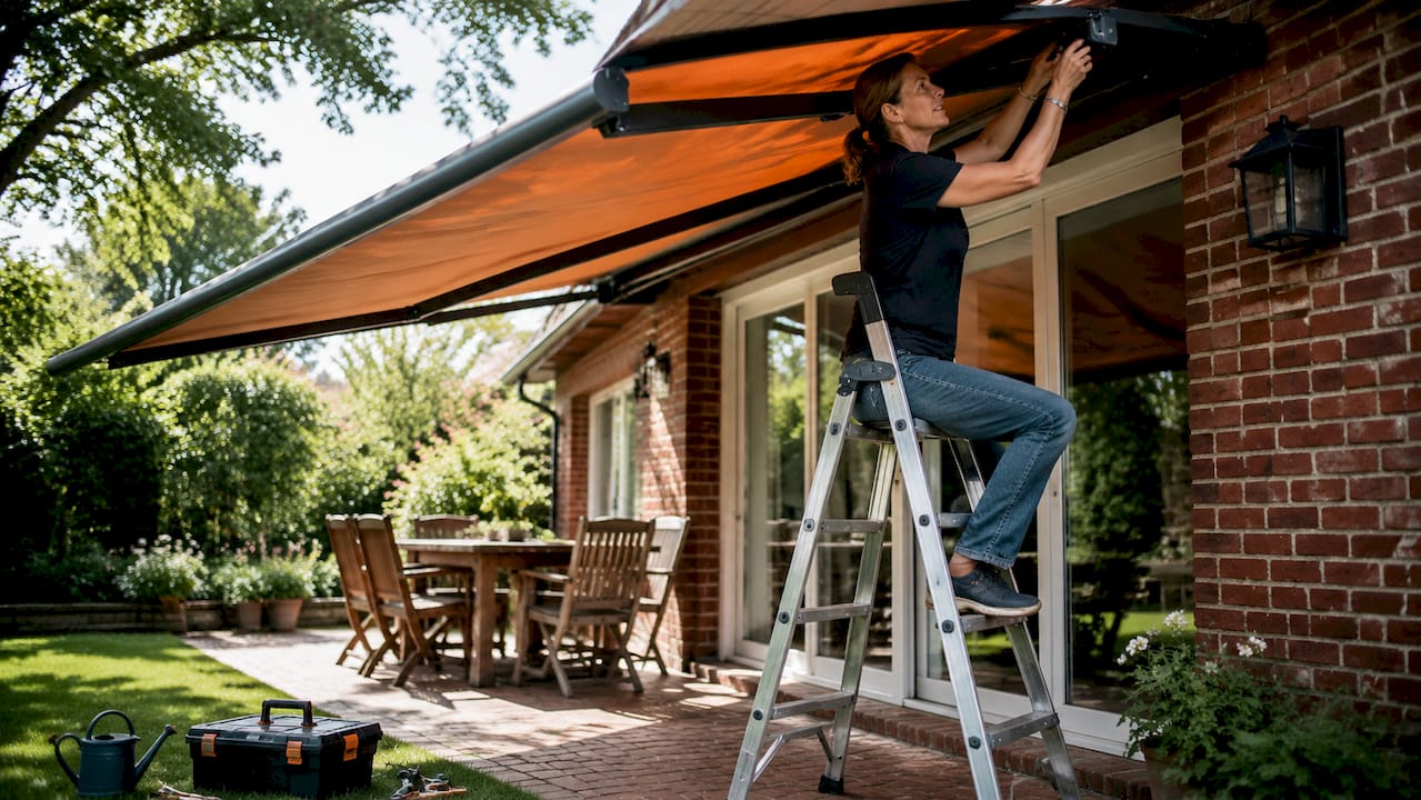 Woman installing patio awning outdoors