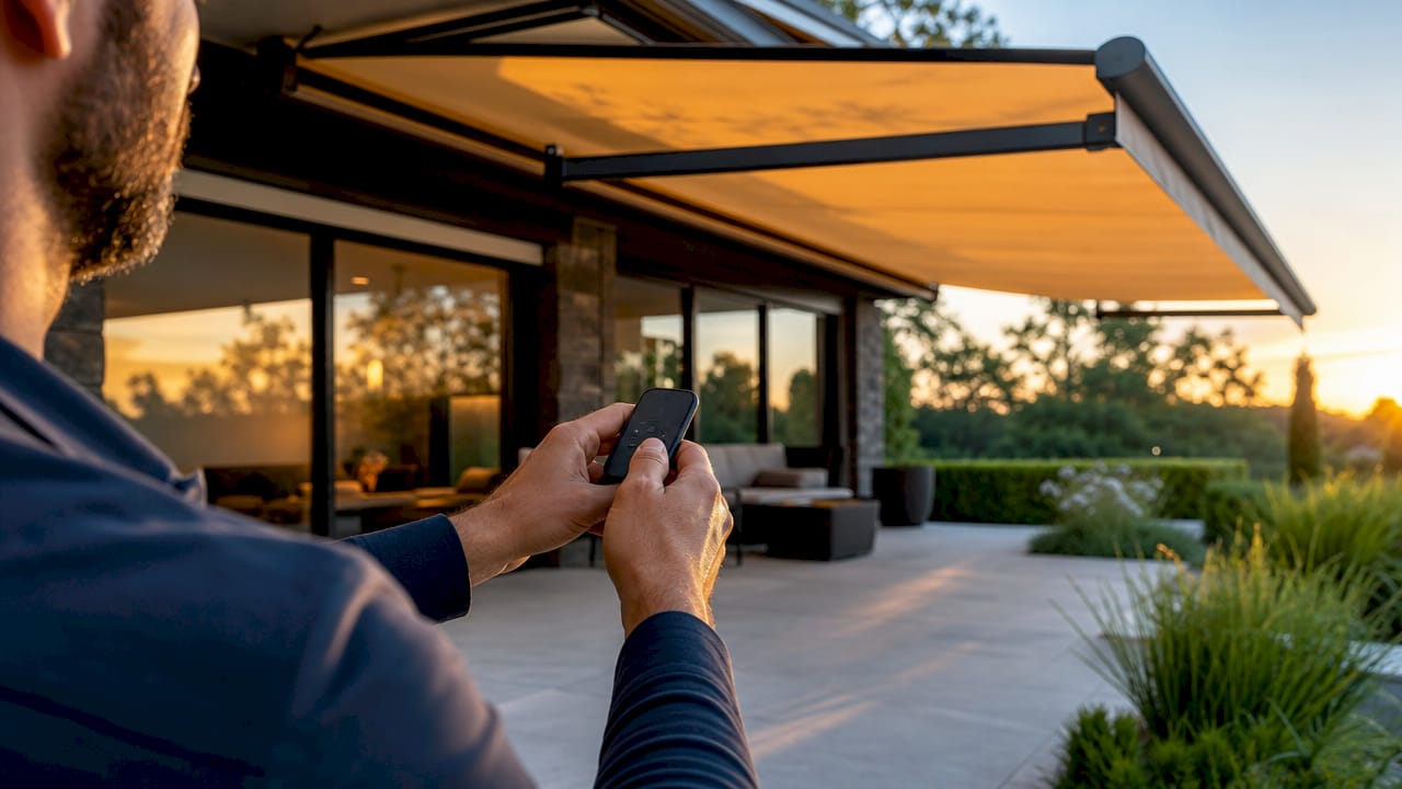 Hands holding RF remote controlling awning