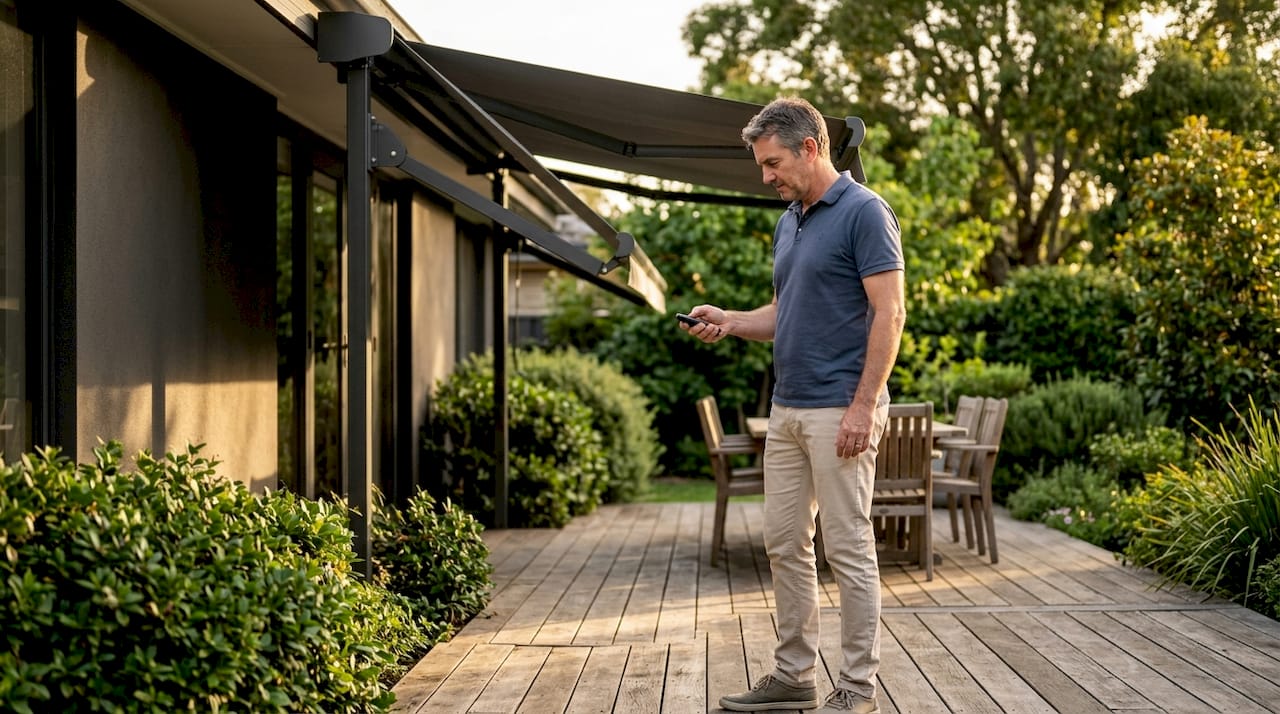 Man using remote to control motorised awning on patio