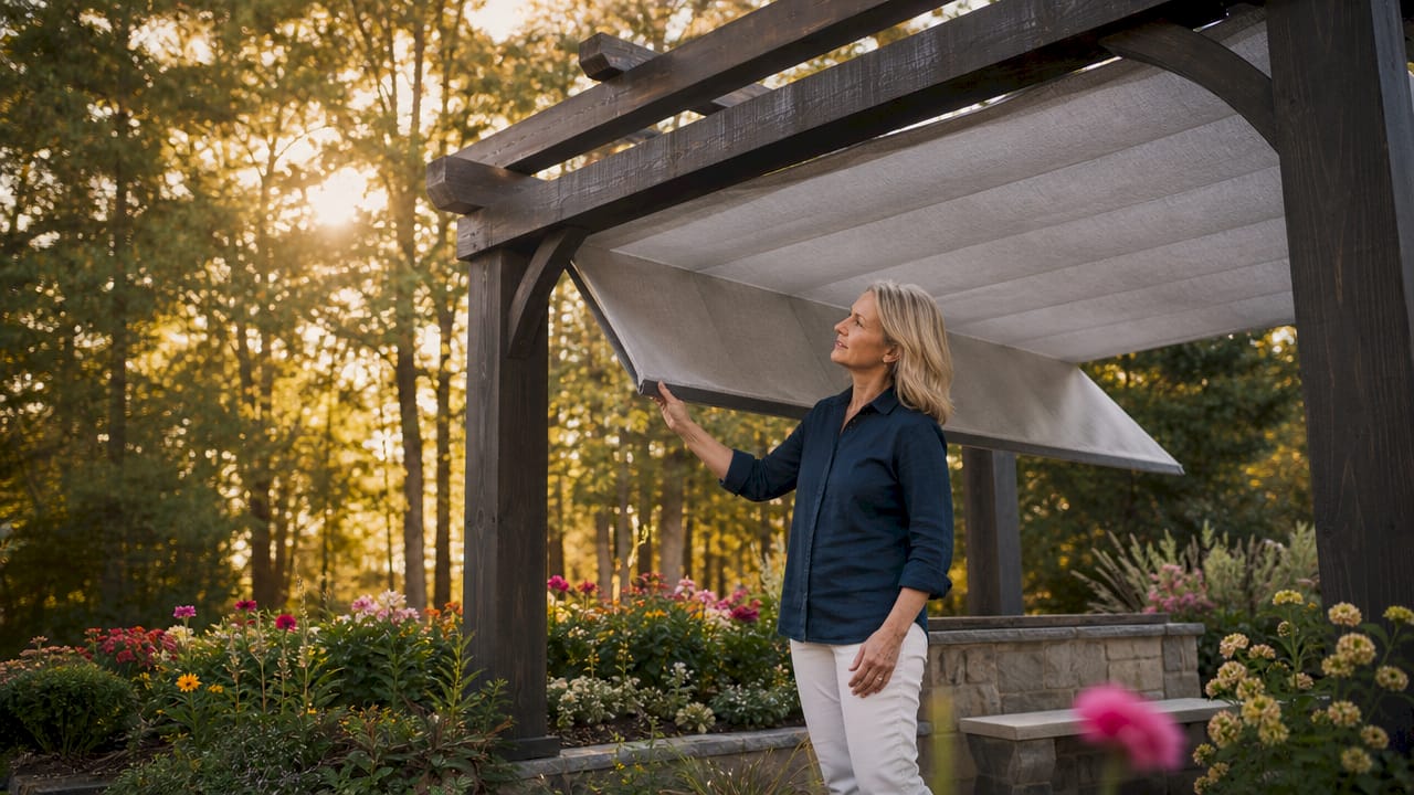 Woman examining durable custom shading pergola