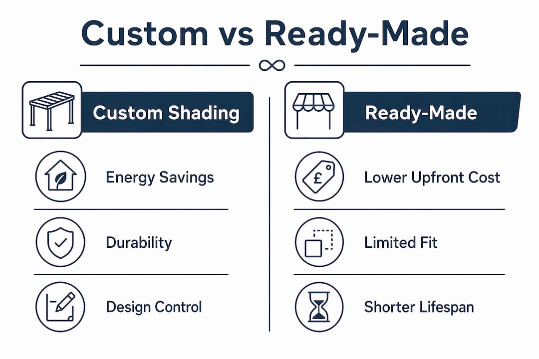 Infographic comparing custom and ready-made shading features