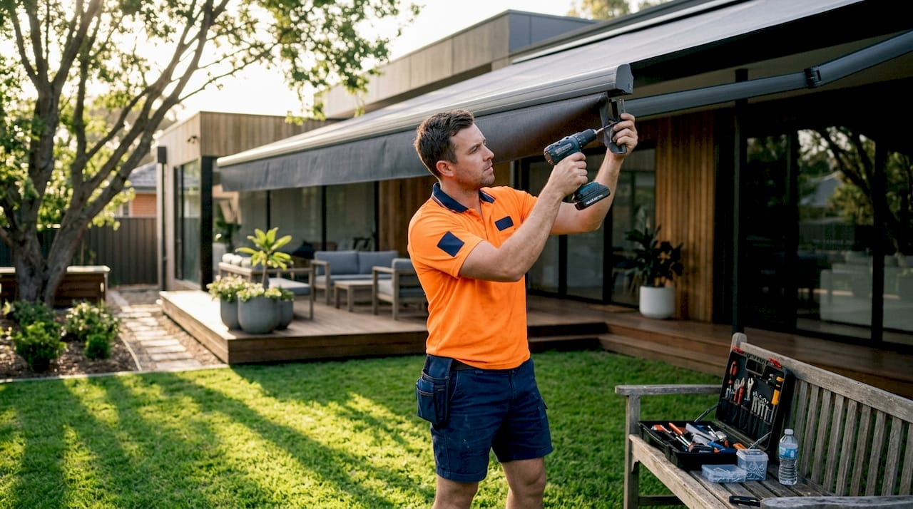 Technician installing custom shading on home patio