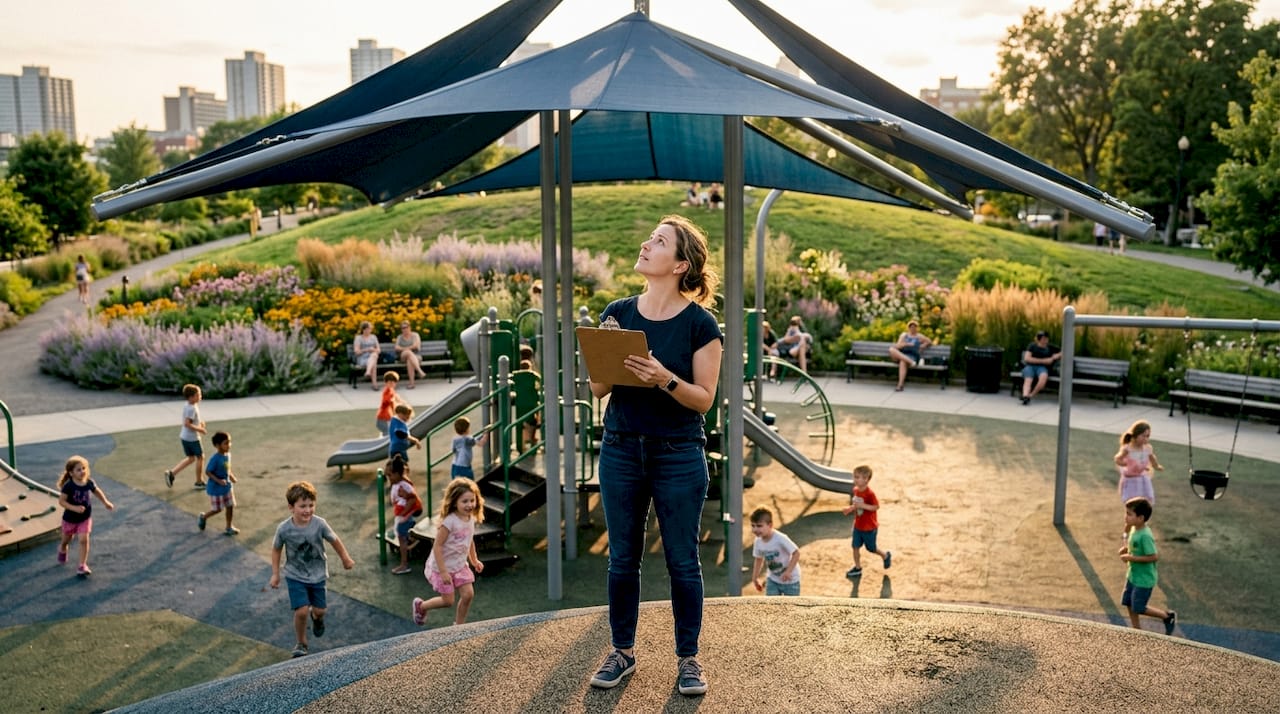 Mother inspecting playground shade structure