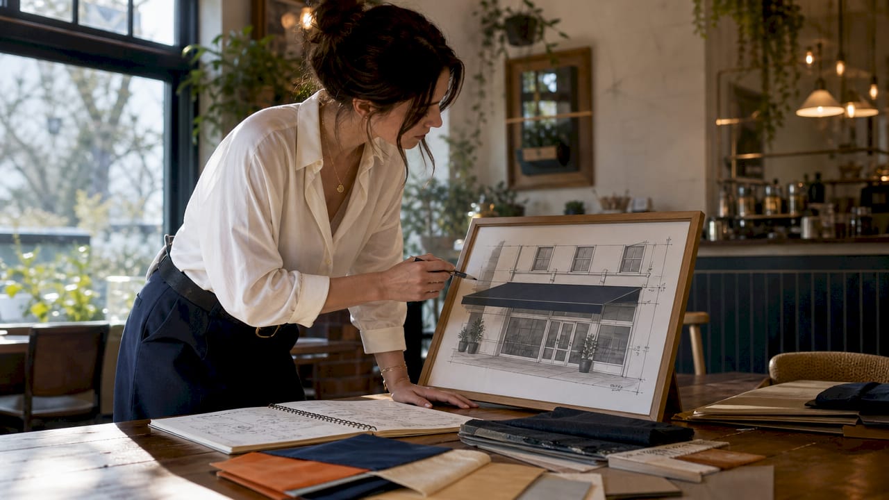 Designer examining awning scaled elevation drawing