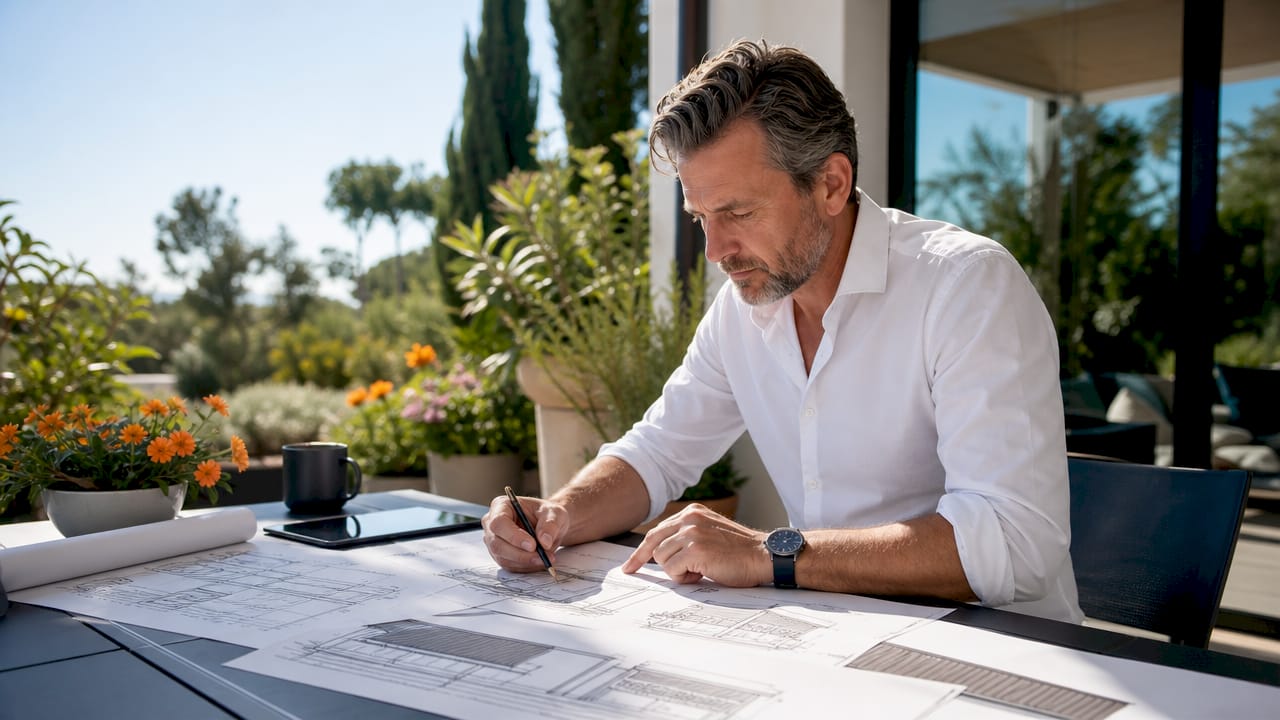 Architect reviewing awning design blueprints